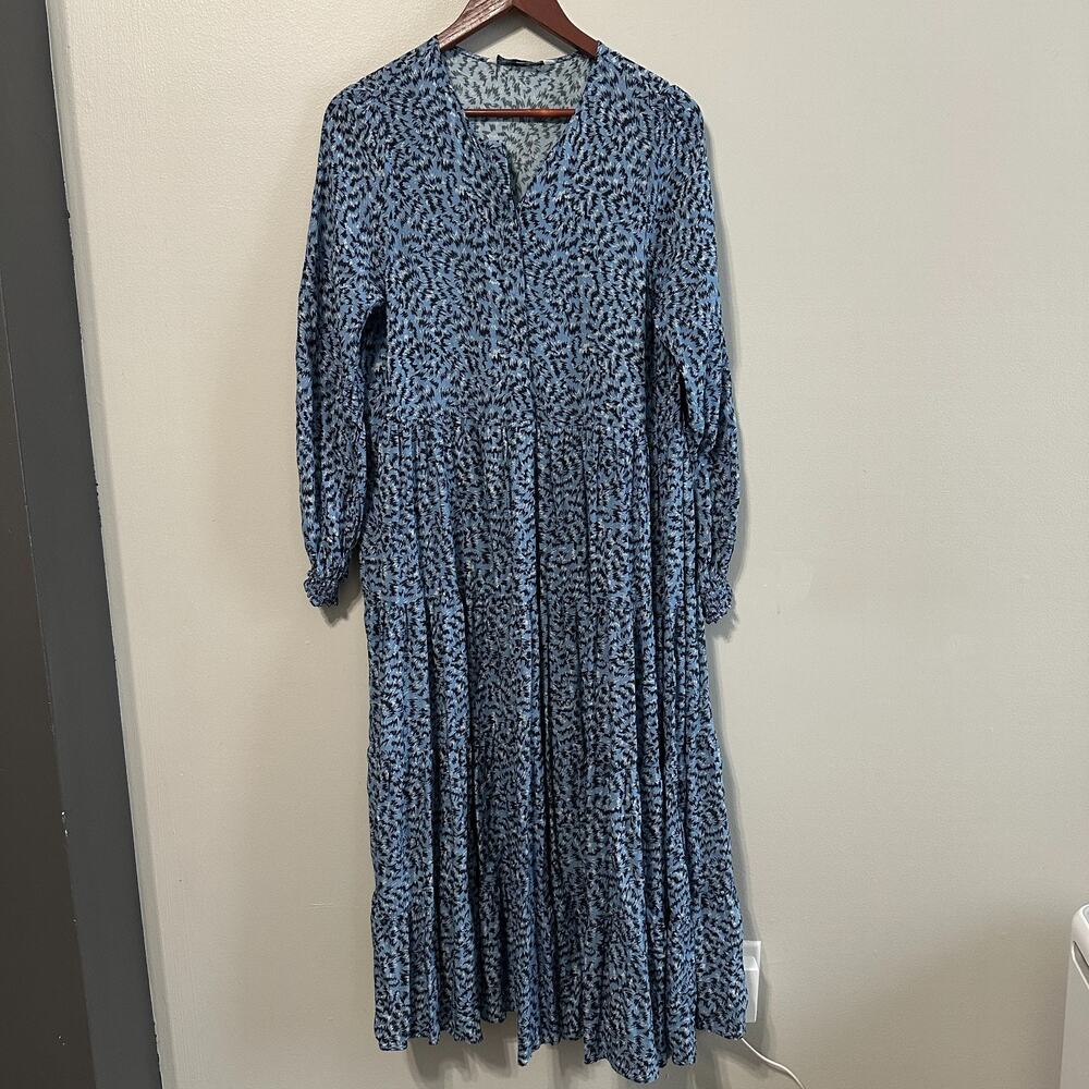 Zara Womens Large Midi Dress Long Sleeve Blue Angel Tiered Cottagecore Spring